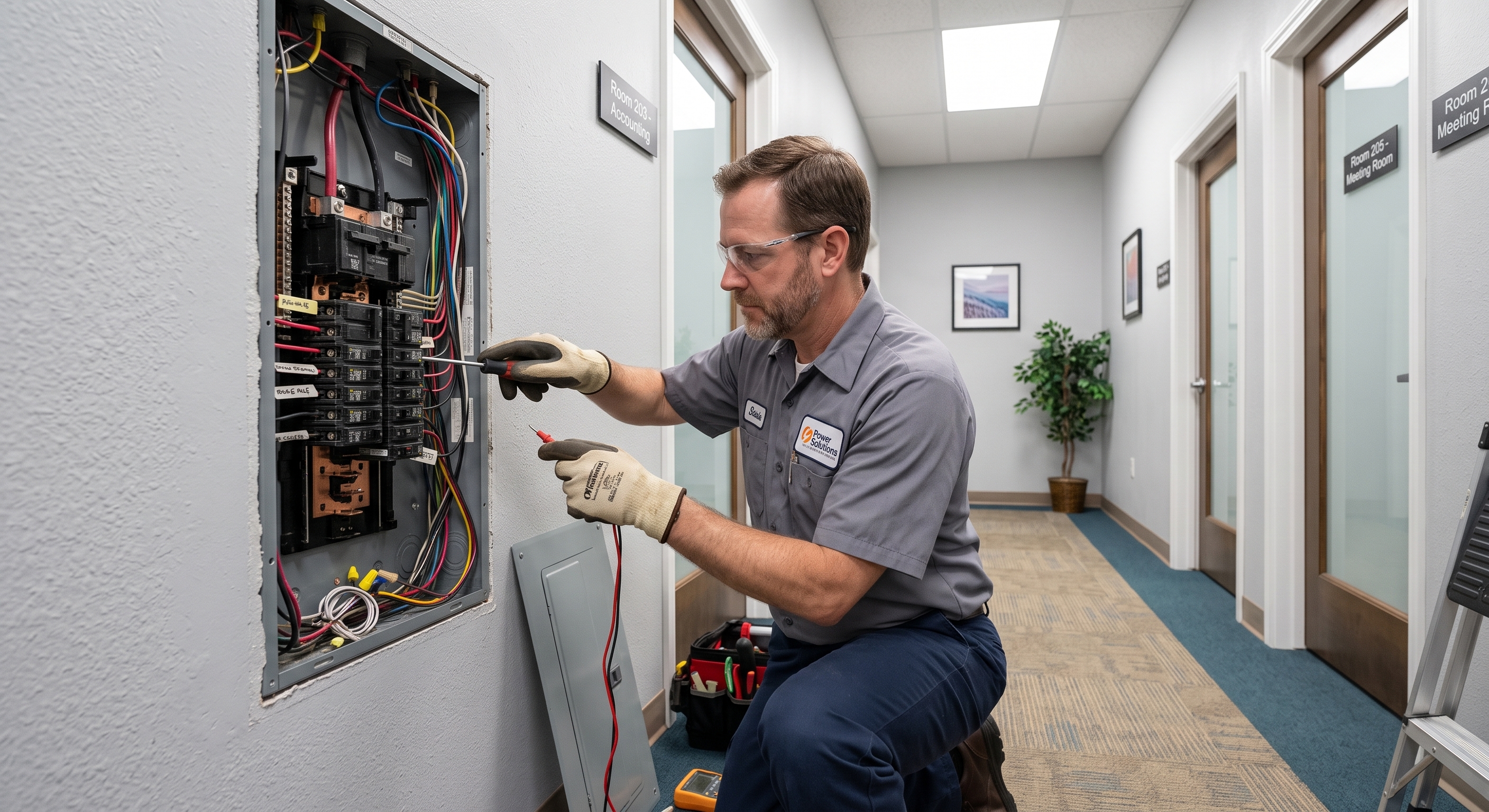 Electrician performing commercial electrical work at an Apopka, FL business