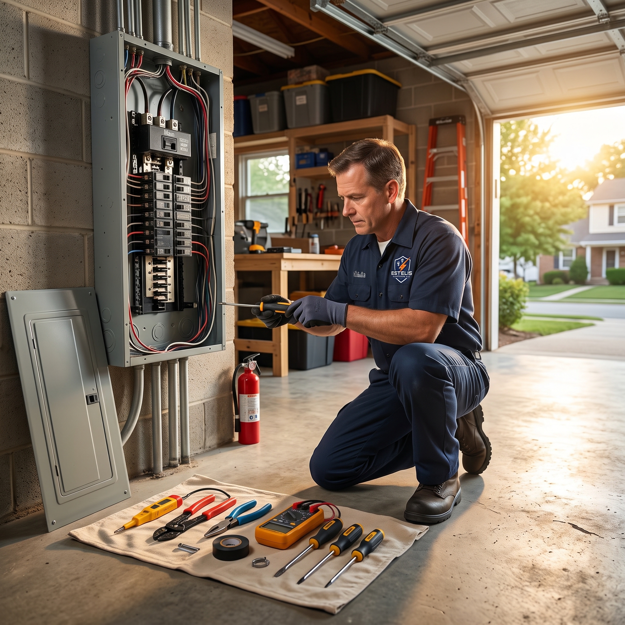 Estelis Electrical electrician performing a residential electrical panel upgrade in an Apopka, FL home